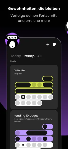 Habit tracker recap view: weekly progress for habits like exercise and reading