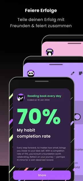 Celebrate and share achievements: 70 percent habit completion rate share card